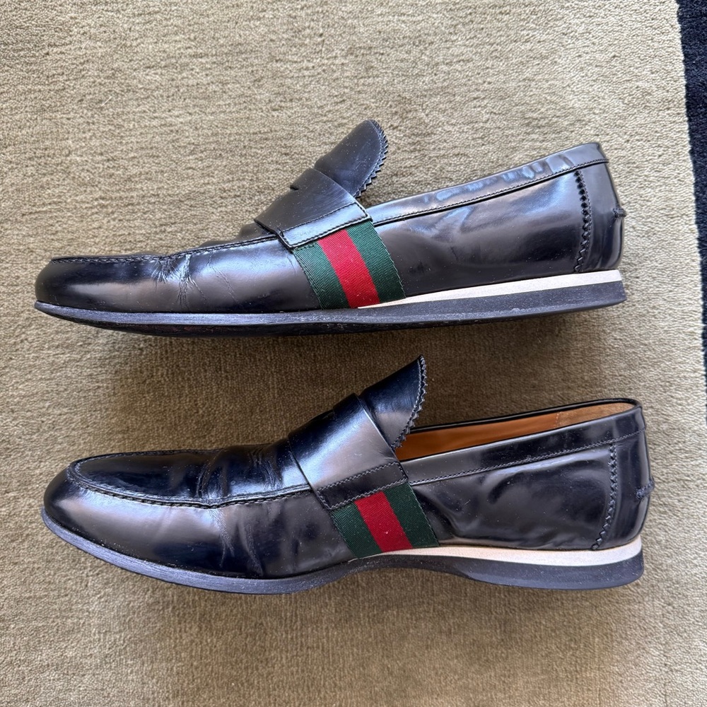 Gucci Black Leather Men’s Loafers with Green & Red Web - Picture 3 of 12